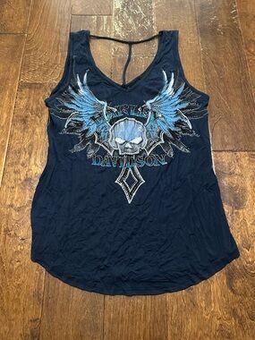 Harley-Davidson Women's Navy Blue Winged Skull Tank Top with rhinestones